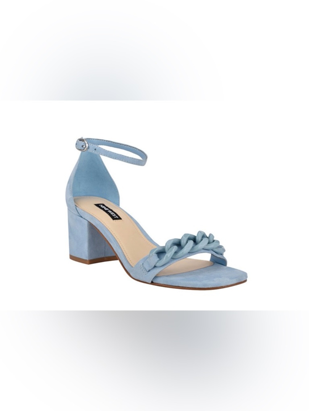 Nine West Powder Blue Block Heel Sandal with Chain Accent size 9. EUC.
